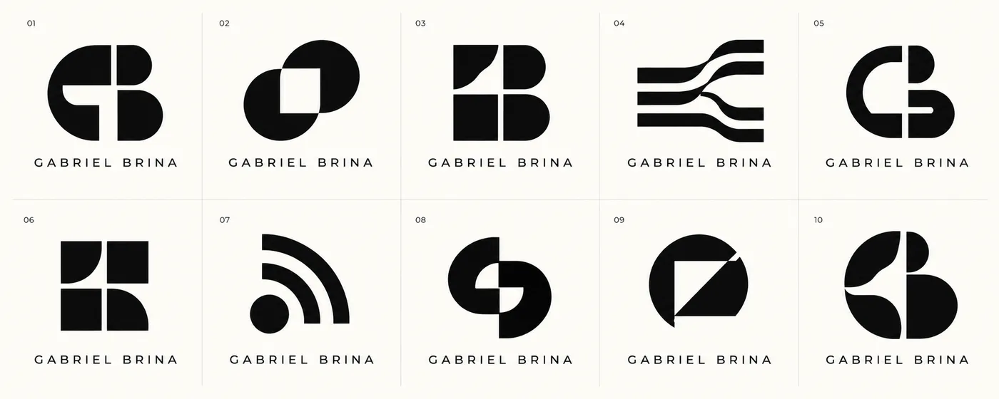 Prancha com dez monogramas geométricos em preto, gerados por IA, cada um com o nome Gabriel Brina embaixo.